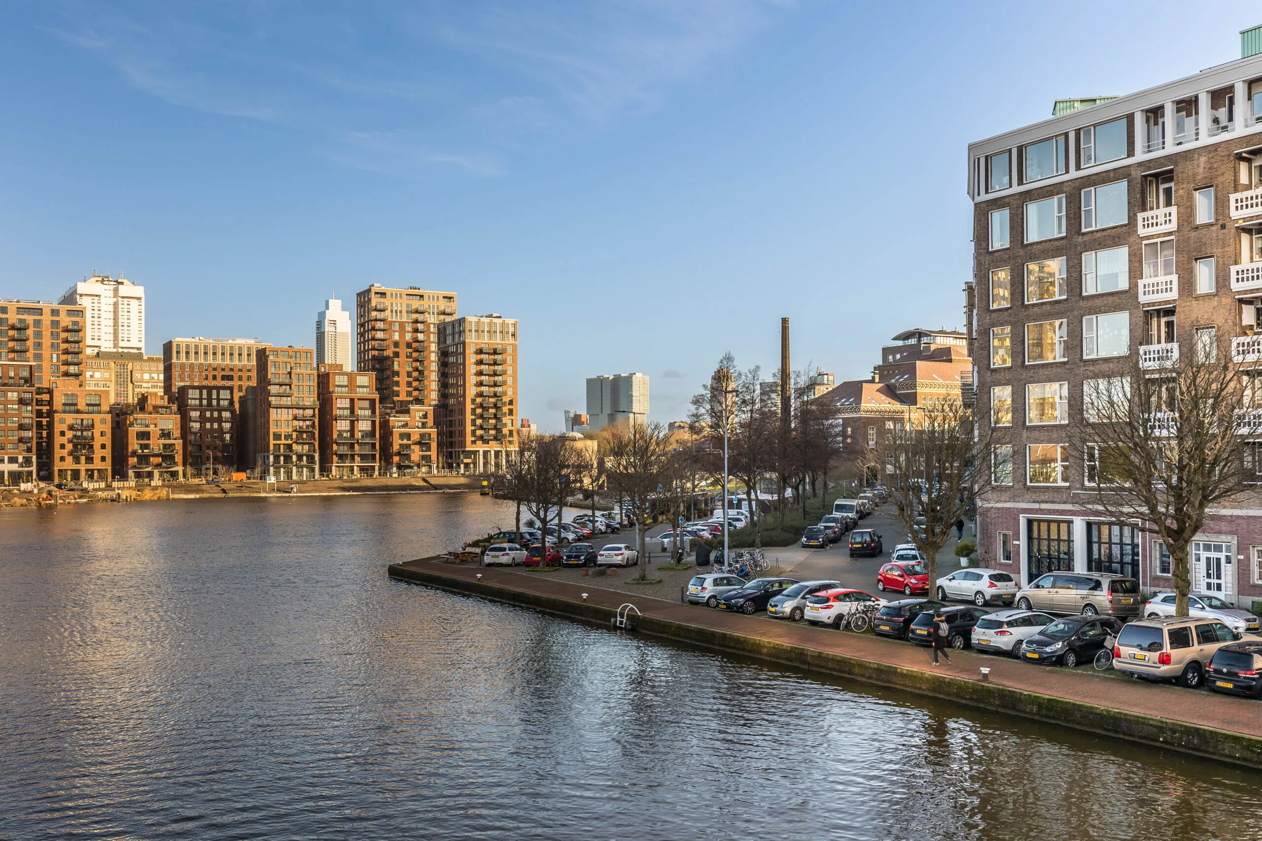 Uitzicht op de Coolhaven in Rotterdam met moderne appartementen aan het water en geparkeerde auto’s langs de kade.