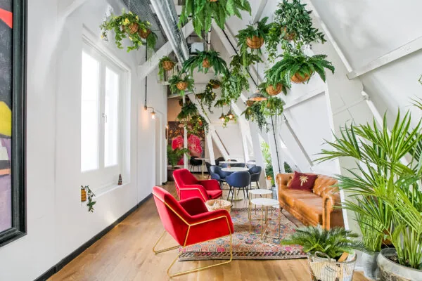 Lichte en kleurrijke lounge in DAM 6 met planten, moderne zithoeken en een bohemien interieurstijl.