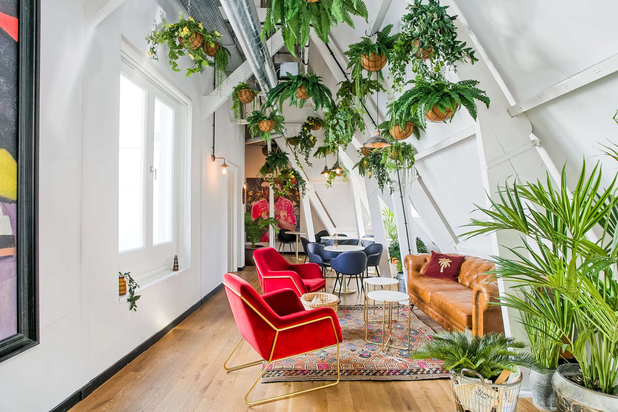 Lichte en kleurrijke lounge in DAM 6 met planten, moderne zithoeken en een bohemien interieurstijl.