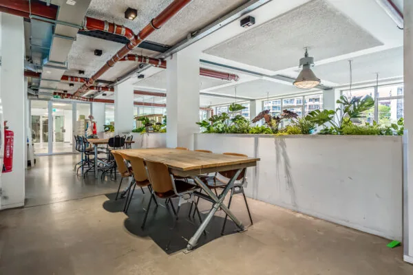 Moderne kantoorruimte met een houten vergadertafel, industriële elementen en veel groen.