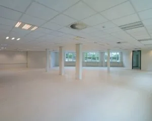 Lege, ruime en lichte kantoorruimte met witte muren, plafondplaten en grote ramen.