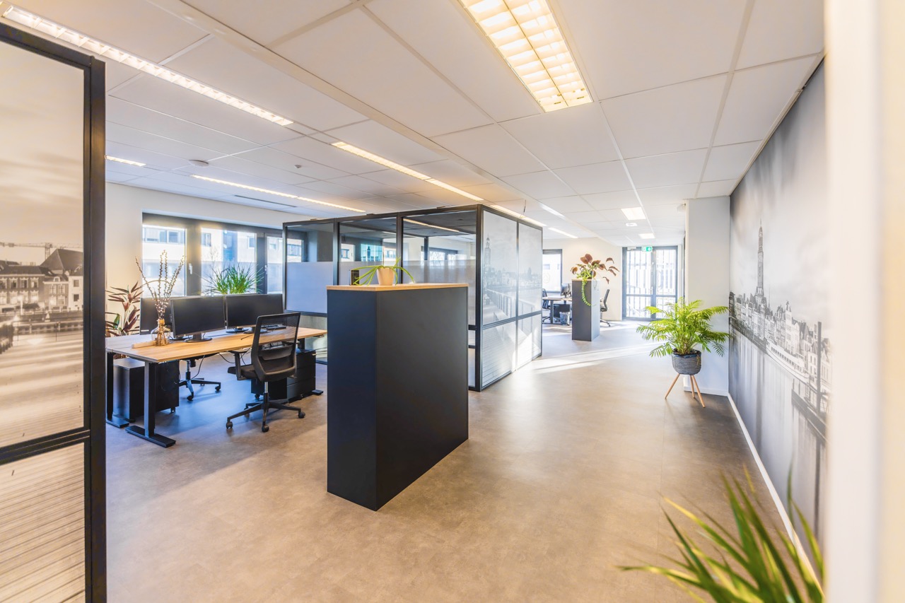 Moderne en lichte kantoorruimte met werkplekken, glazen wanden en decoratieve planten.