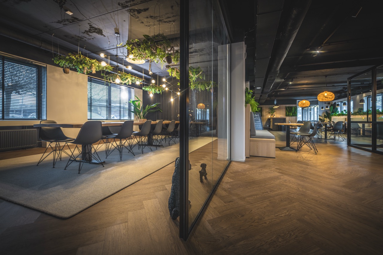 Modern ingerichte kantoorruimte met glazen wanden, houten vloer, hangplanten en designmeubilair.