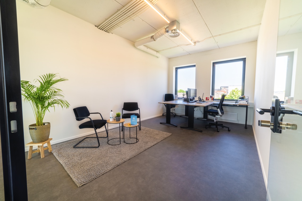 Modern en licht kantoor met twee bureaus, een zithoek met stoelen en tafels, en een grote kamerplant op een kleed.