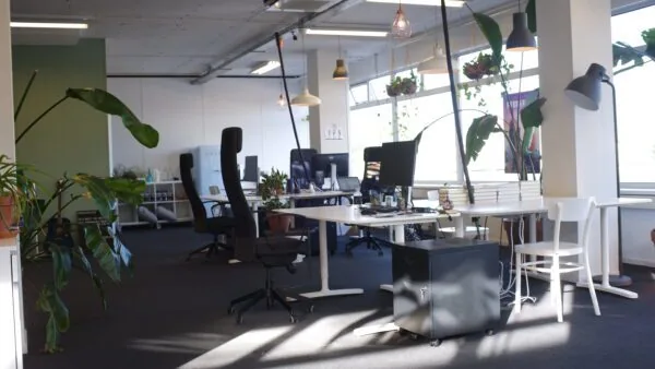 Modern, licht en groen ingericht kantoor met bureaus, computers en grote kamerplanten.