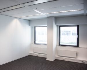 Lege, lichte kantoorruimte met twee ramen, witte muren en grijs tapijt.