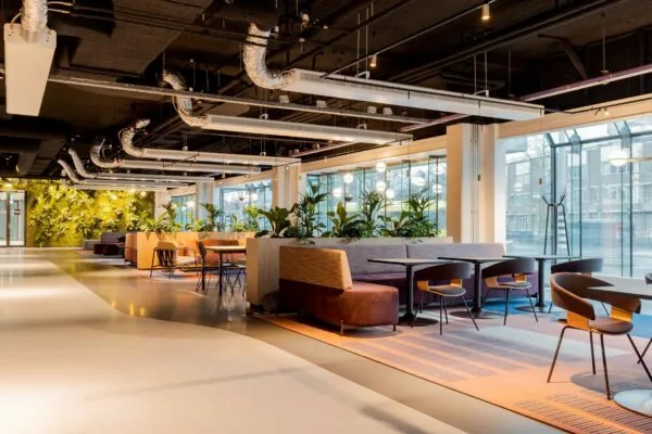 Moderne en open kantoorruimte aan de Daalsesingel 51 met zitgedeeltes, veel planten en grote ramen met daglicht.