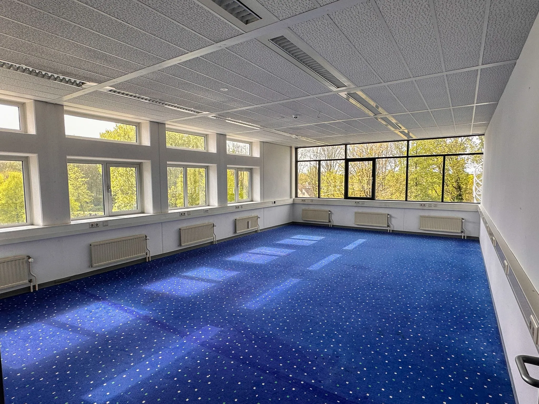 Leeg kantoorruimte met blauwe tapijtvloer en grote ramen aan twee zijden in kantoorpand Daltonlaan 200.