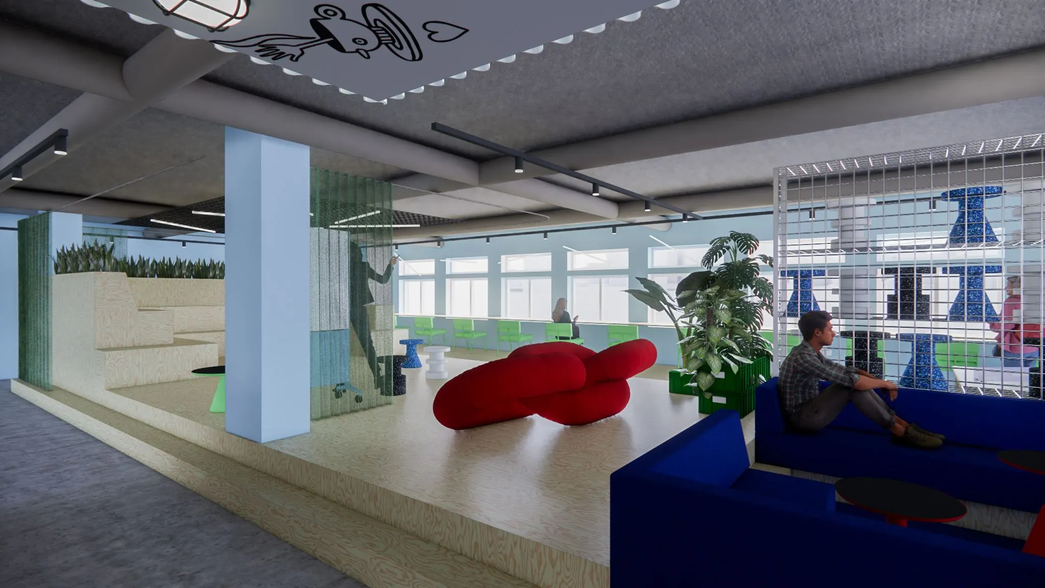 Moderne en kleurrijke lounge- en werkruimte in het gebouw aan de Daltonlaan 200 met opvallende meubels en veel daglicht.