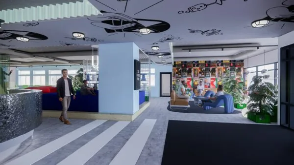 Moderne kantoorruimte aan de Daltonlaan 200 met kleurrijke meubels, planten en creatieve muurbekleding.