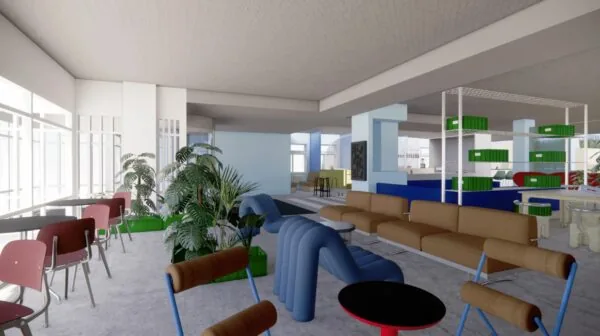 Moderne en kleurrijke kantoorruimte in Daltonlaan 200 met zithoeken, planten en open werkplekken.