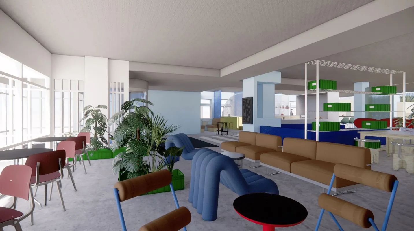 Moderne en kleurrijke kantoorruimte in Daltonlaan 200 met zithoeken, planten en open werkplekken.