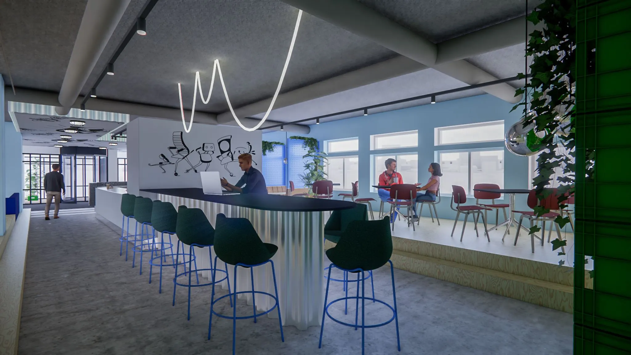 Moderne kantoorruimte aan de Daltonlaan 200 met een bar, zithoek en creatieve muurtekening.