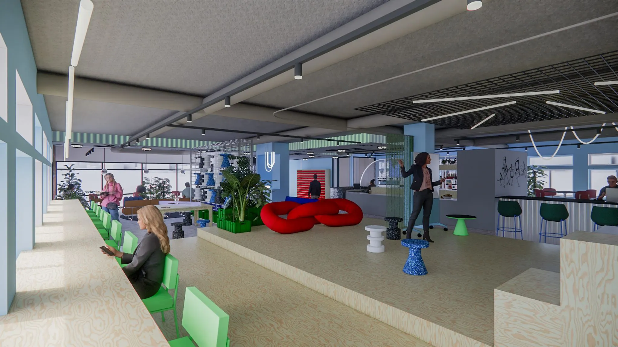 Moderne, kleurrijke kantoorruimte in Daltonlaan 200 met open werkplekken, zitplekken en planten.