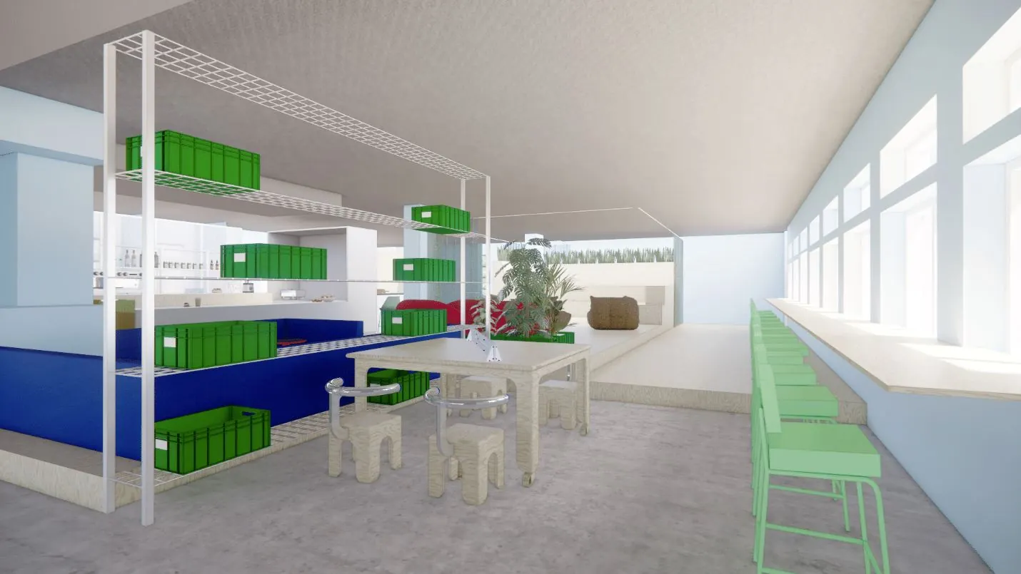 Moderne open kantoorruimte aan de Daltonlaan 200 met werkplekken, groene krattenopslag, zitgedeelte en een bar met hoge stoelen langs het raam.