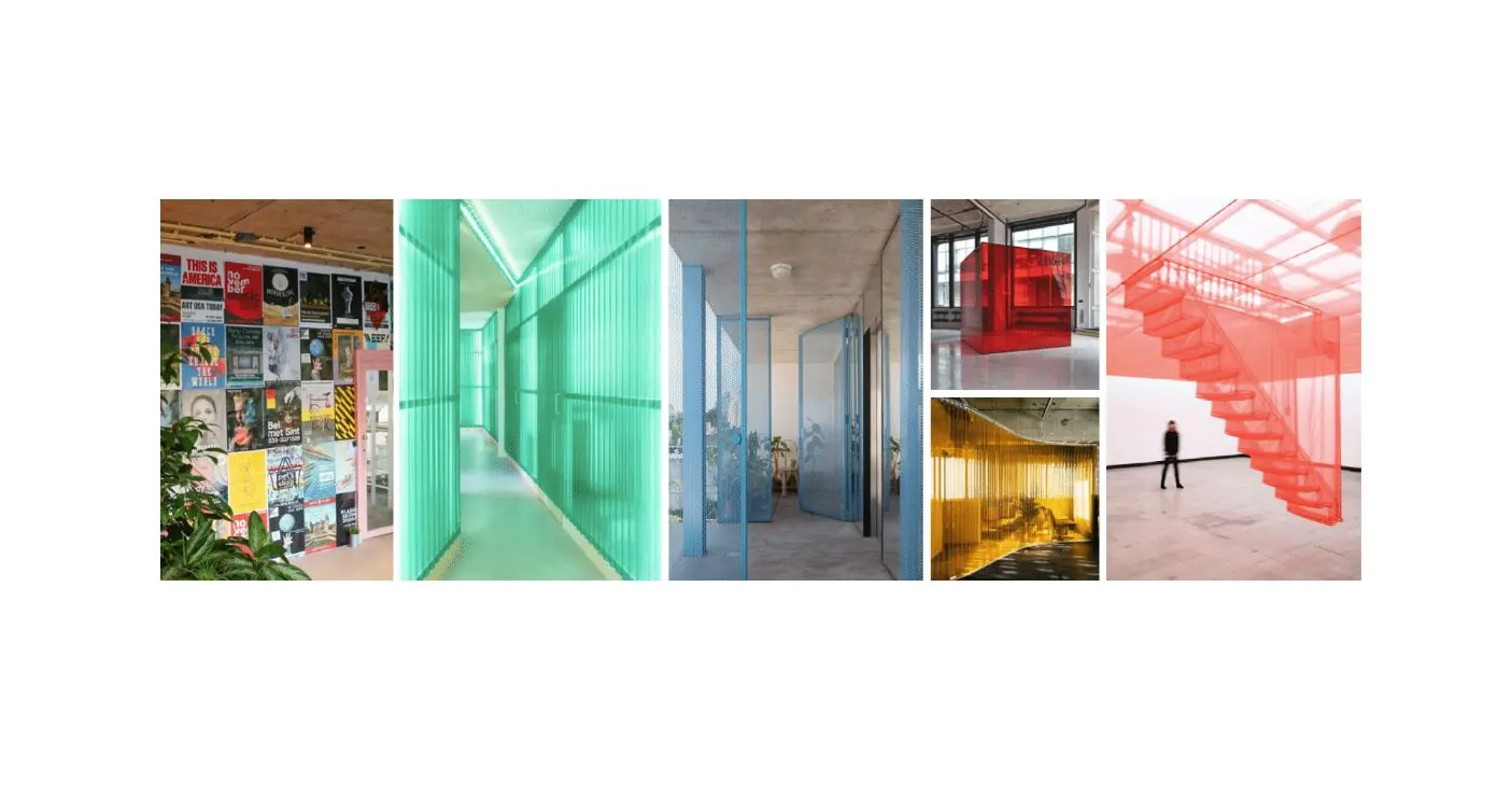 Collage van kleurrijke interieurdetails van Daltonlaan 200, met transparante wanden, trappen en creatieve wanddecoratie.
