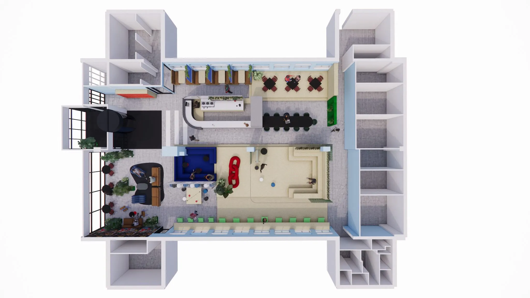 Bovenaanzicht van een modern ingericht kantoorinterieur op Daltonlaan 200 met verschillende werkplekken, zithoeken en vergaderruimtes.