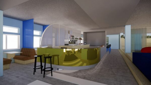 Moderne kantoorpantry met ronde koffiebar, zitbanken en kleurrijke accenten in Daltonlaan 200.