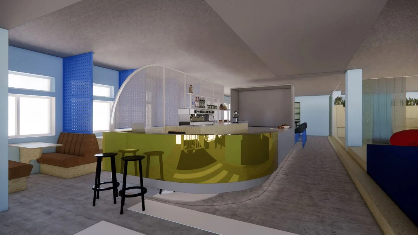 Moderne kantoorpantry met ronde koffiebar, zitbanken en kleurrijke accenten in Daltonlaan 200.