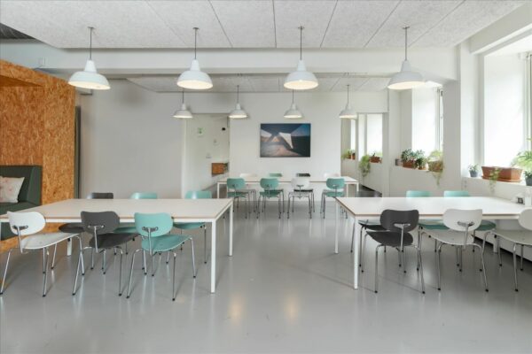 Moderne, lichte kantineruimte in De Rode Olifant met witte tafels, kleurrijke stoelen en kamerplanten bij de ramen.