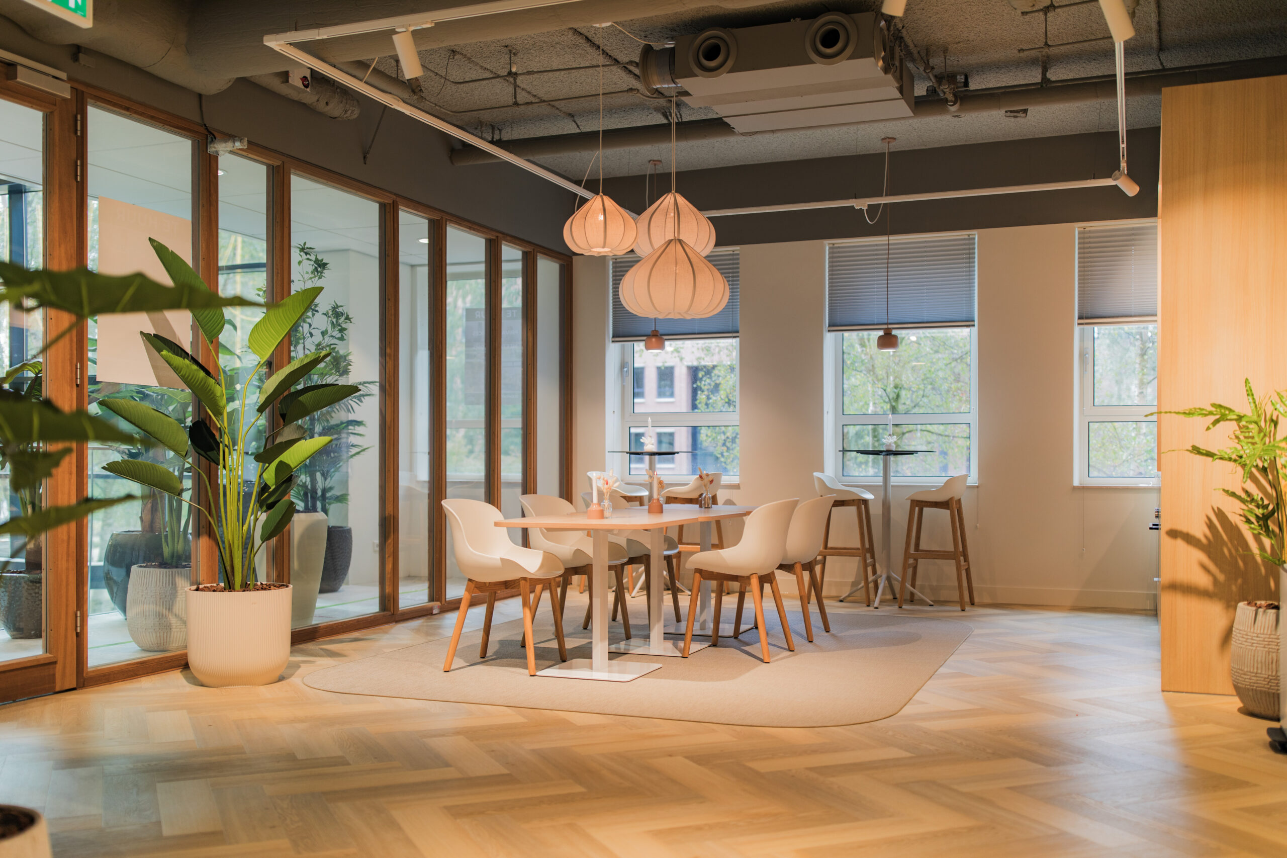 Modern office lounge area at Hullenberg 125 with wooden flooring, stylish seating, and large indoor plants.