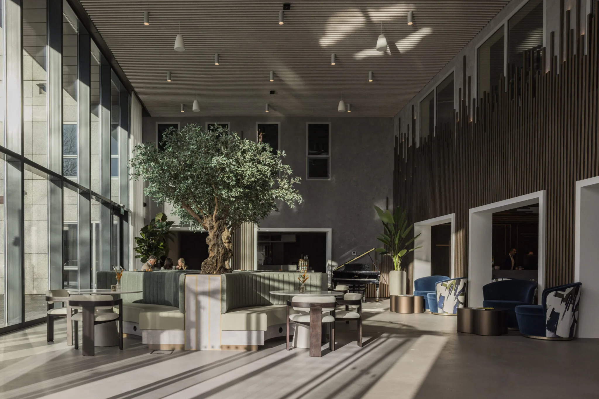 Stijlvol ingerichte lounge in EO Diemen met veel daglicht, een grote olijfboom en moderne zithoeken.