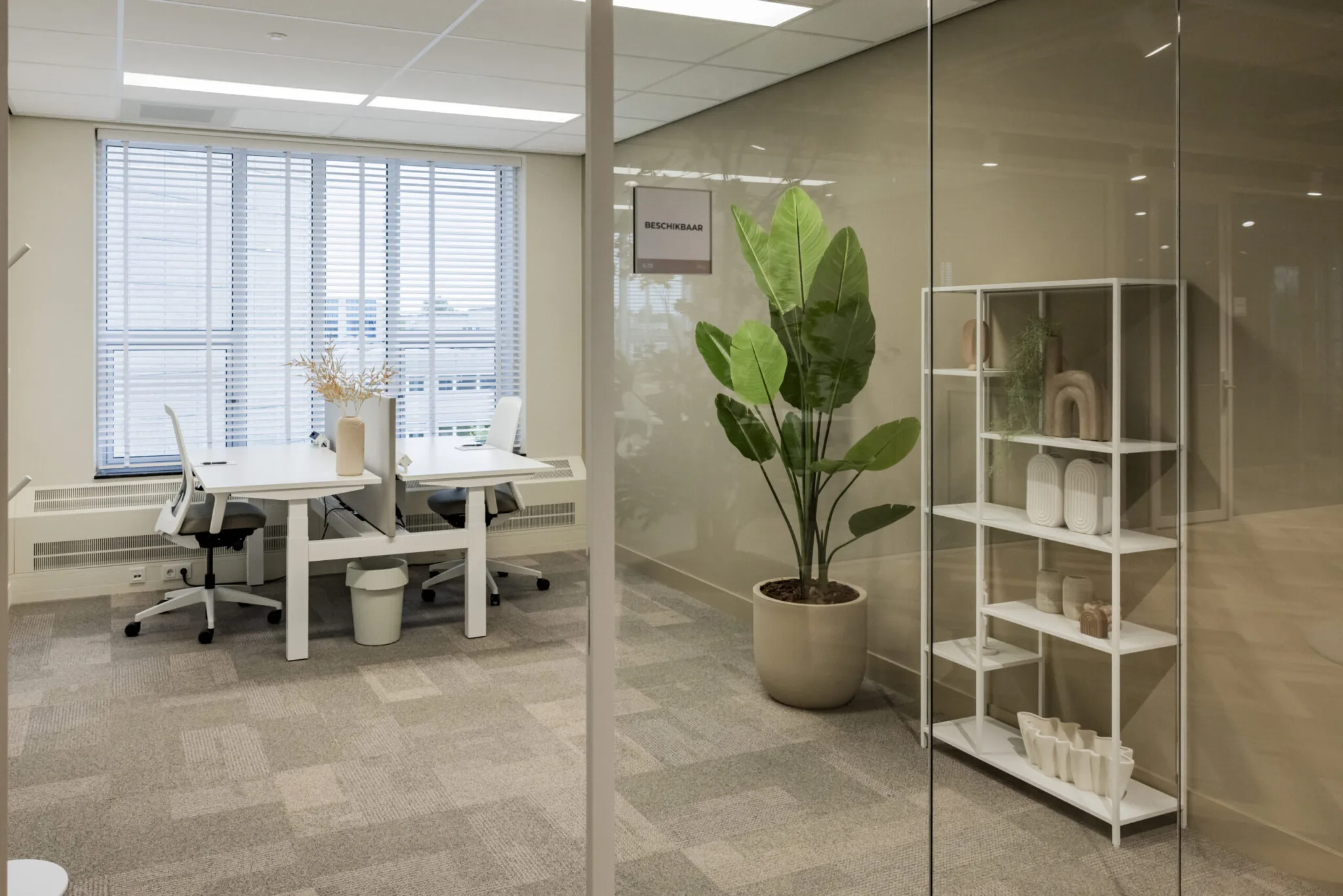 Modern kantoorruimte in Diemen met twee bureaus, een grote plant en een witte open kast achter glazen wanden.
