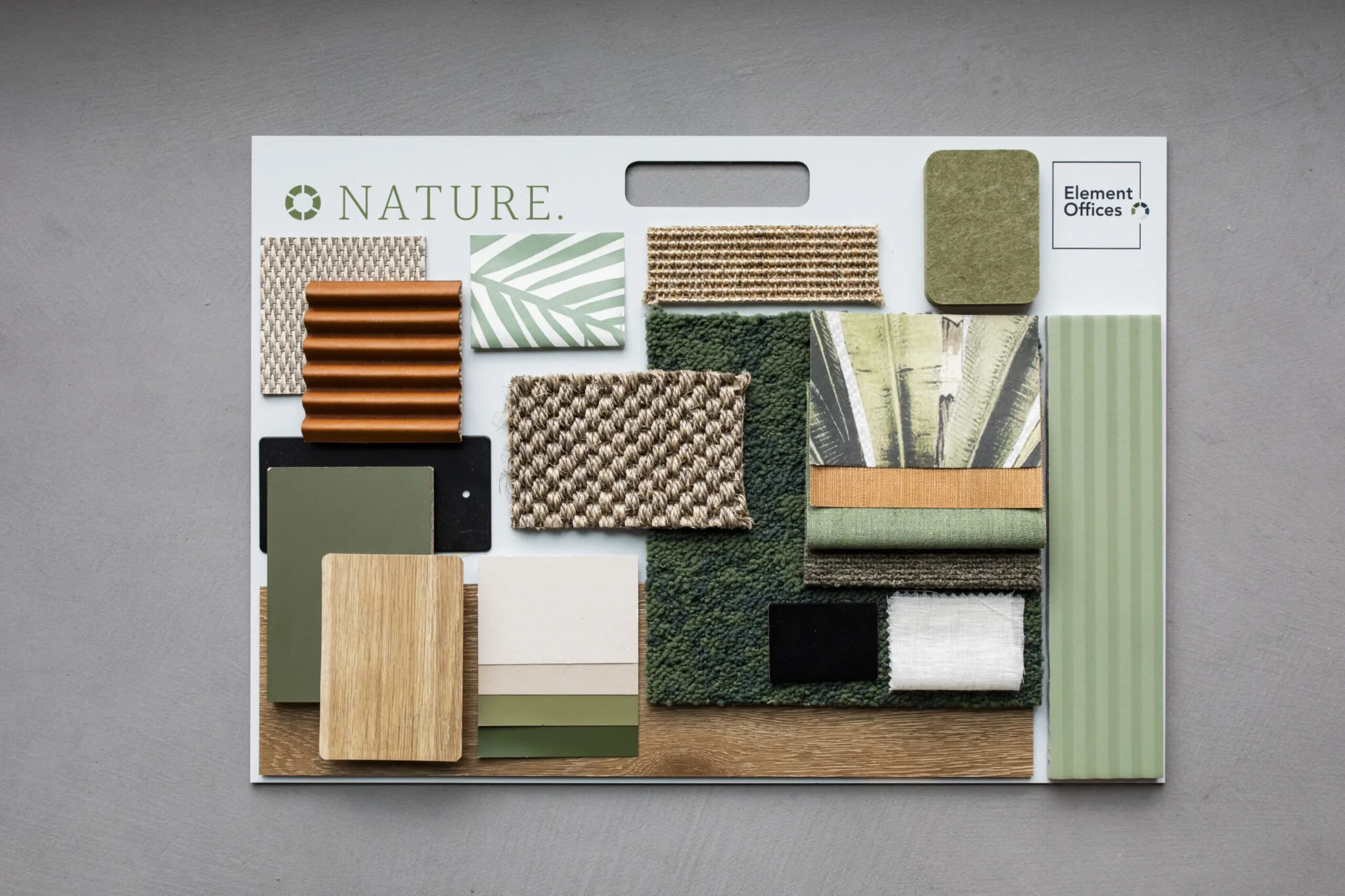 Stalenbord met natuurlijke materialen, kleuren en texturen uit het interieurconcept EO_Diemen_272 van Element Offices.