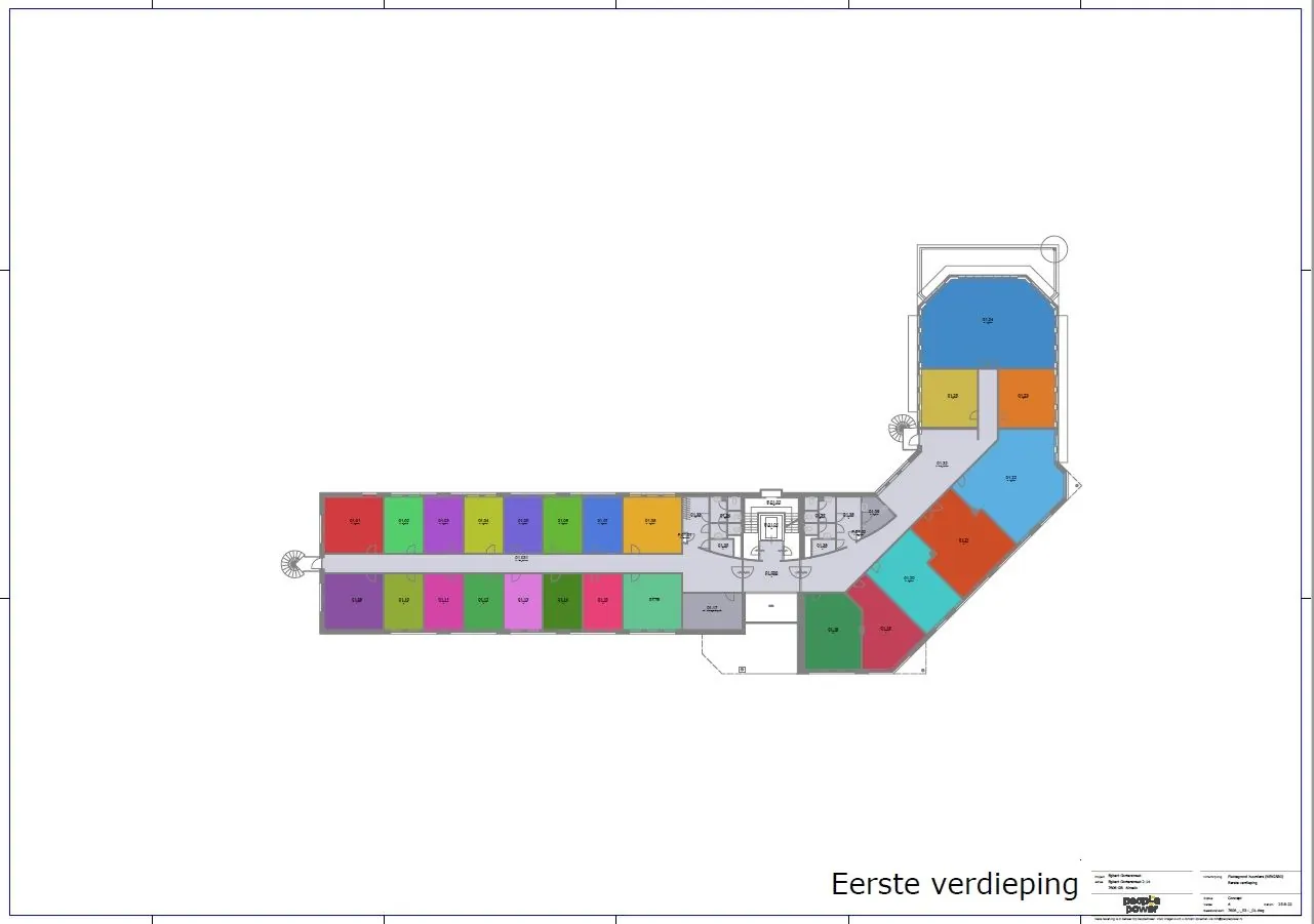 Plattegrond van de eerste verdieping van Egbert Gorterstraat 2-14 met gekleurde kamers en gemeenschappelijke ruimtes.