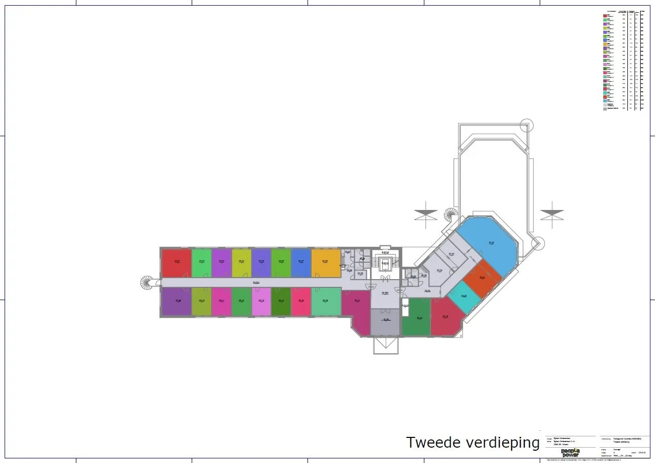 Plattegrond van de tweede verdieping van het gebouw aan Egbert Gorterstraat 2-14 met gekleurde kamers en ruimten.
