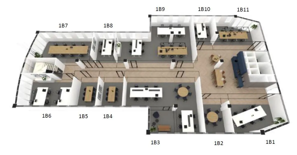 Plattegrond van kantoorruimte op Euclideslaan 265 met diverse werk- en vergaderruimtes, genummerd van 1B1 tot 1B11.