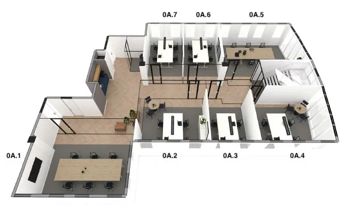 3D plattegrond van kantoorruimte op Euclideslaan 265 met verschillende werkruimtes en vergaderzalen, genummerd van 0A.1 tot 0A.7.