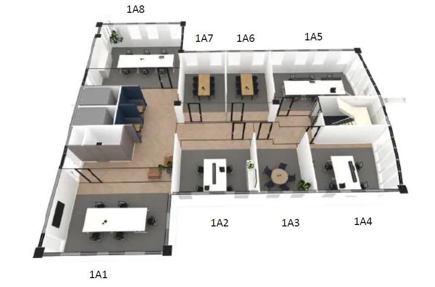 3D-plattegrond van kantoorruimte Euclideslaan 265 met gemarkeerde kamers 1A1 t/m 1A8.