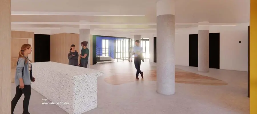 Moderne, open kantoorruimte in Europalaan 500 met terrazzo ontvangstbalie, betonnen zuilen en mensen in gesprek.