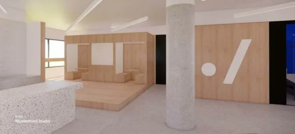 Moderne, minimalistische kantoorruimte aan de Europalaan 500 met houten interieur, terrazzo balie en betonnen zuil.