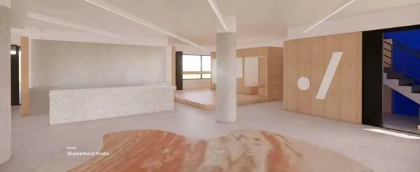 Moderne kantoorruimte in Europalaan 500 met strakke vormen, een terrazzo balie en houten afwerkingen.