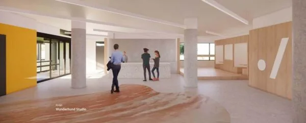 Moderne ontvangsthal van Europalaan 500 met mensen bij een balie en houten accenten in het interieur.