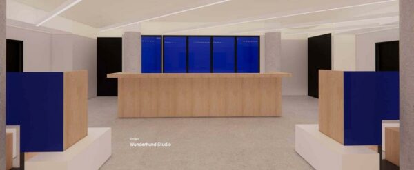 Moderne ontvangstbalie met houten afwerking en blauwe accenten in het interieur van Europalaan 500.