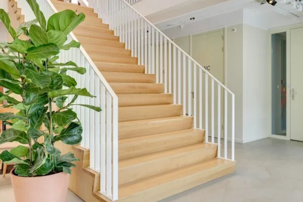 Houten trap met witte leuningen in een modern interieur aan de Europalaan 93, met een grote groene kamerplant op de voorgrond.