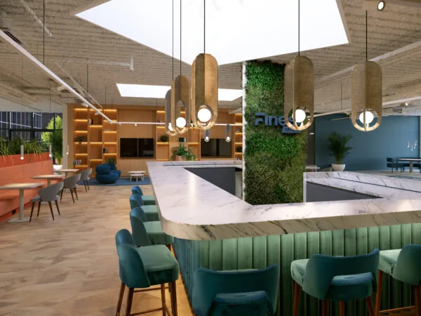 Moderne kantoorruimte van Finest Office in Capelle met een marmeren bar, groene wand en stijlvolle zitplaatsen.