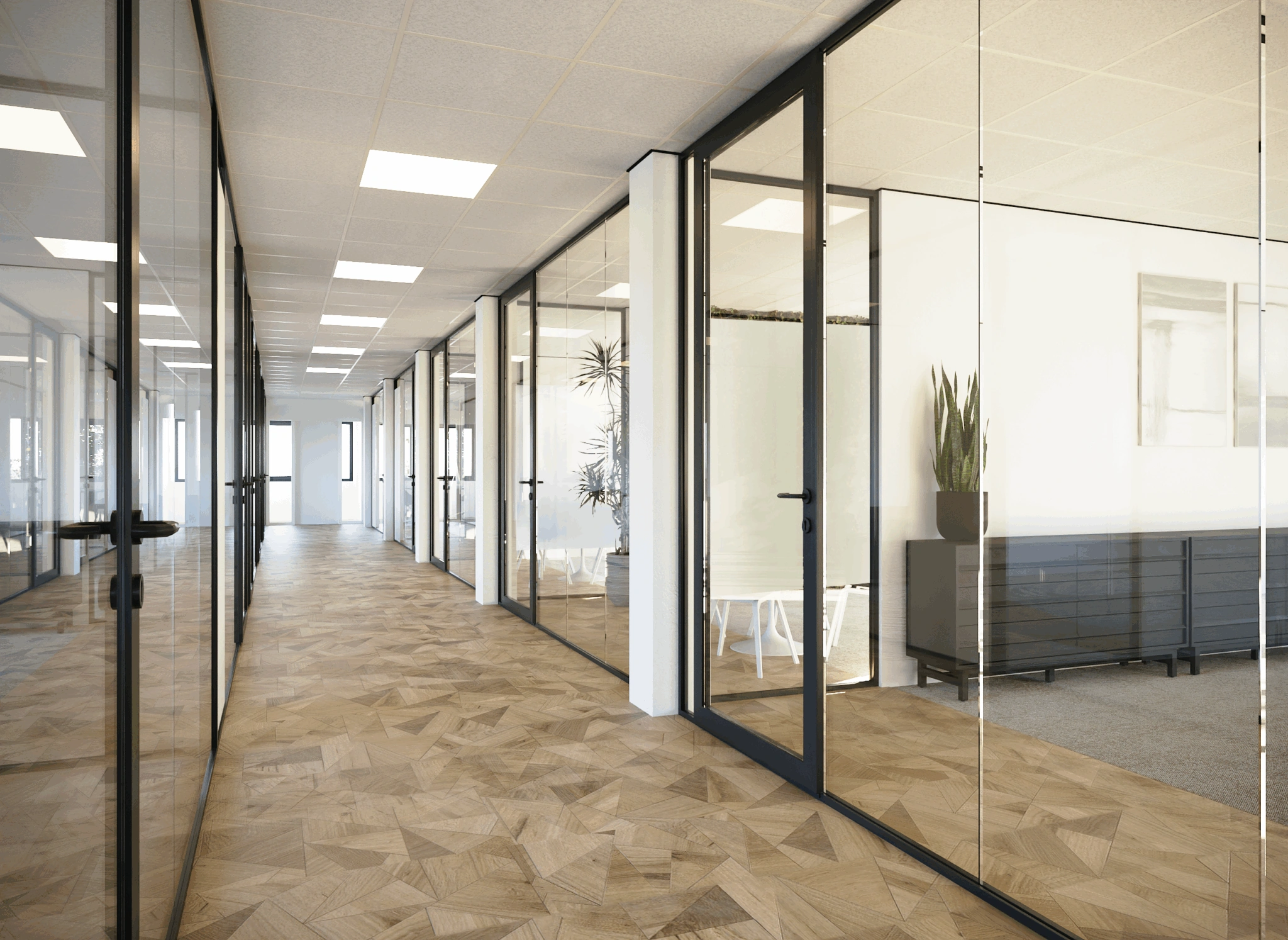 Licht en modern kantoorinterieur van Finest Office Capelle met glazen kantoorwanden en houten vloer.