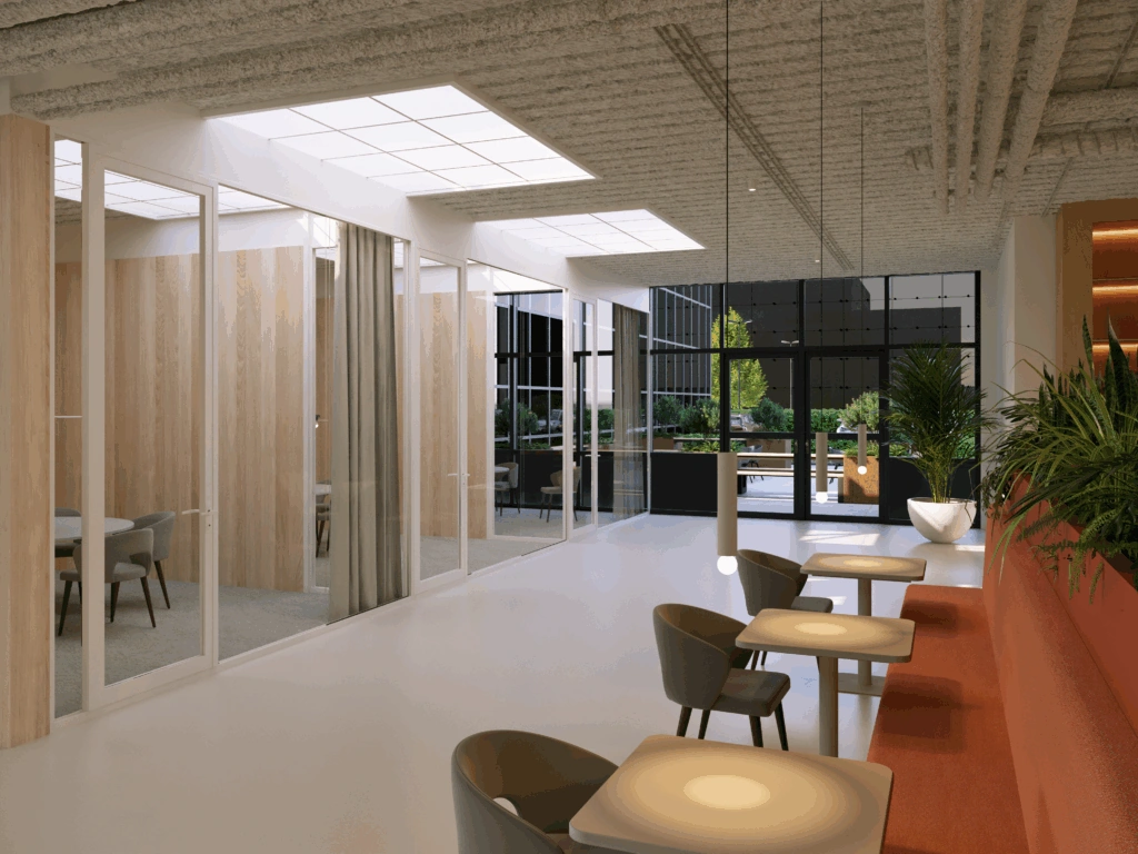 Moderne kantoorruimte in Finest Office Capelle met glazen vergaderruimtes, warm houten interieur en een zithoek met uitzicht op een groene buitenruimte.