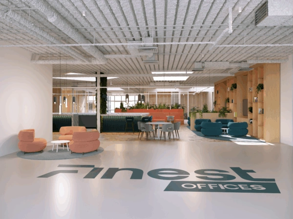 Moderne en stijlvolle kantoorruimte van Finest Offices Capelle met kleurrijke loungehoeken en open werkplekken.