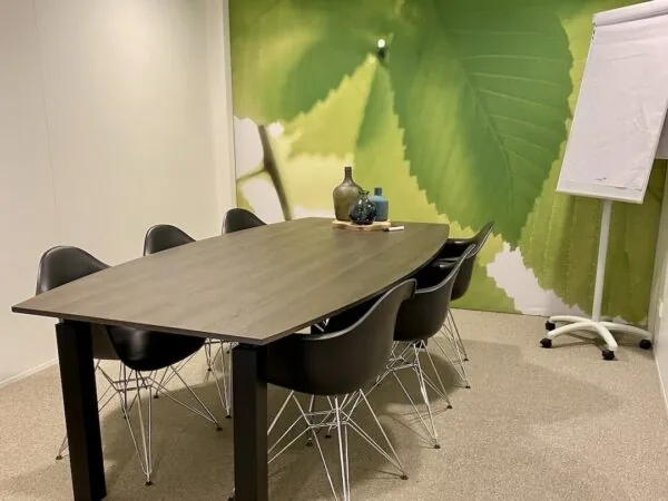 Vergaderruimte in FlexOffiZ Bodegraven met ovale tafel, zwarte stoelen, flip-over en groene muur met bladprint.