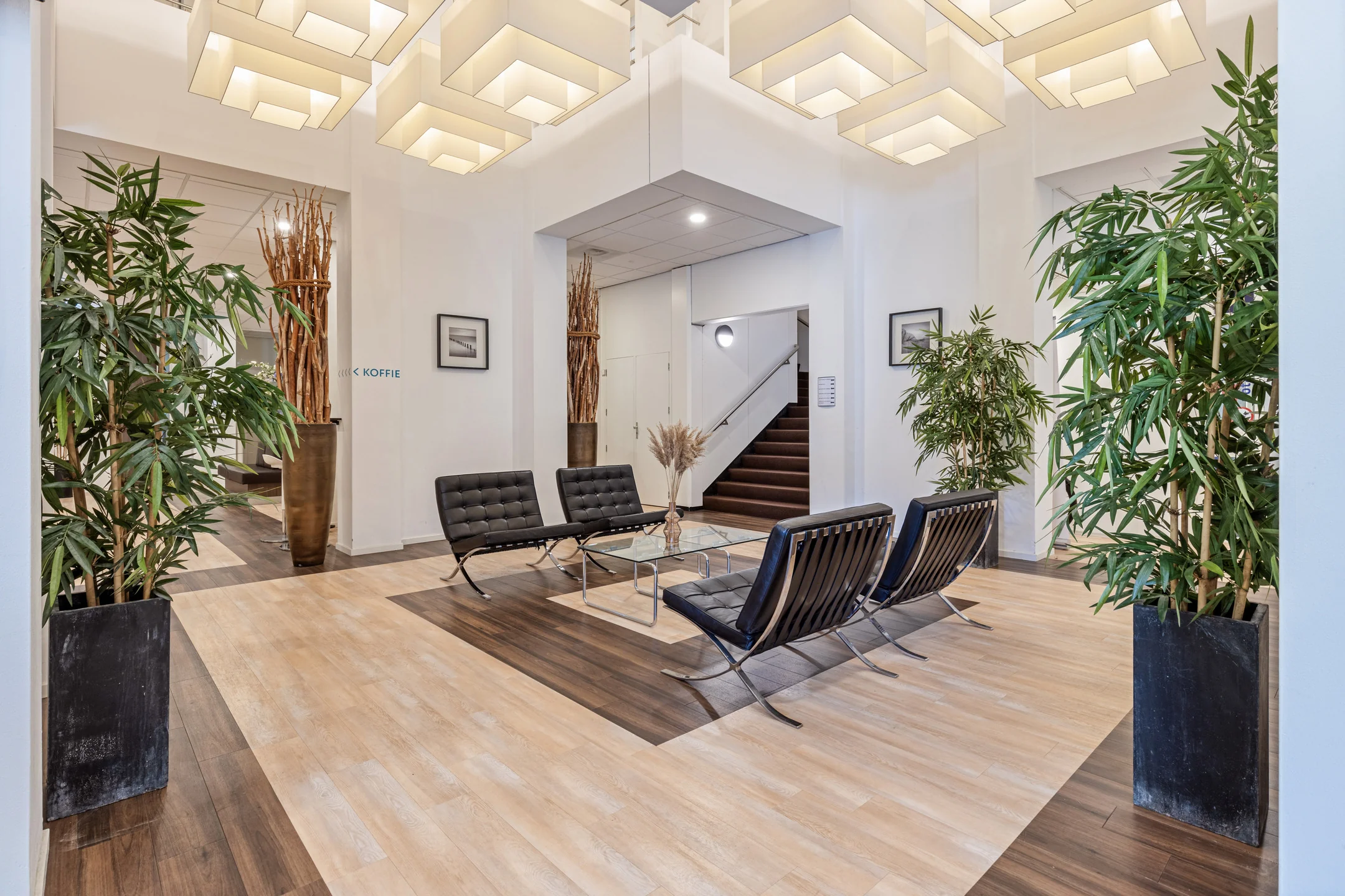 Moderne wachtruimte in het kantoorgebouw aan de Fonteinlaan 5 in Haarlem met designstoelen, planten en houten vloer.