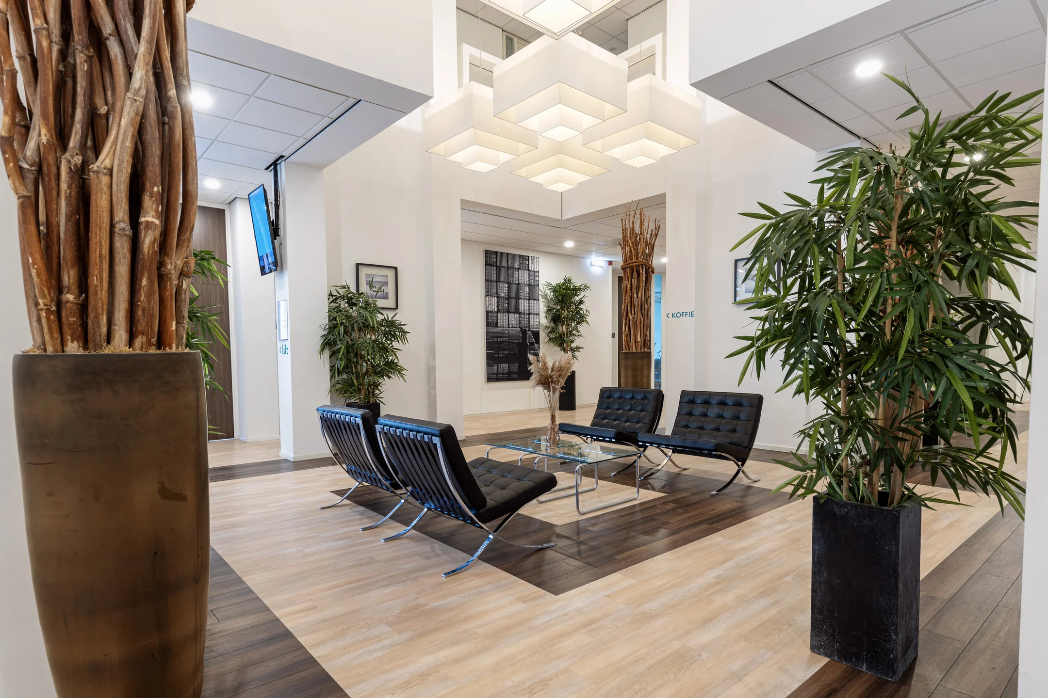 Moderne wachtruimte aan de Fonteinlaan 5 in Haarlem met designstoelen, glazen salontafel, grote planten en opvallende plafondlampen.