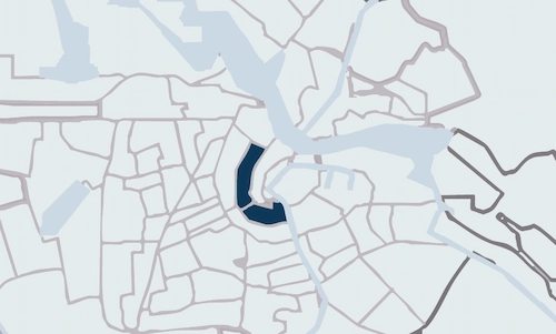 Stylized map highlighting the Grachtengordel area in central Amsterdam.