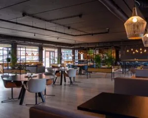 Modern ingerichte horecaruimte in het Stadspark van Groningen met veel lichtinval, planten en zitplaatsen.