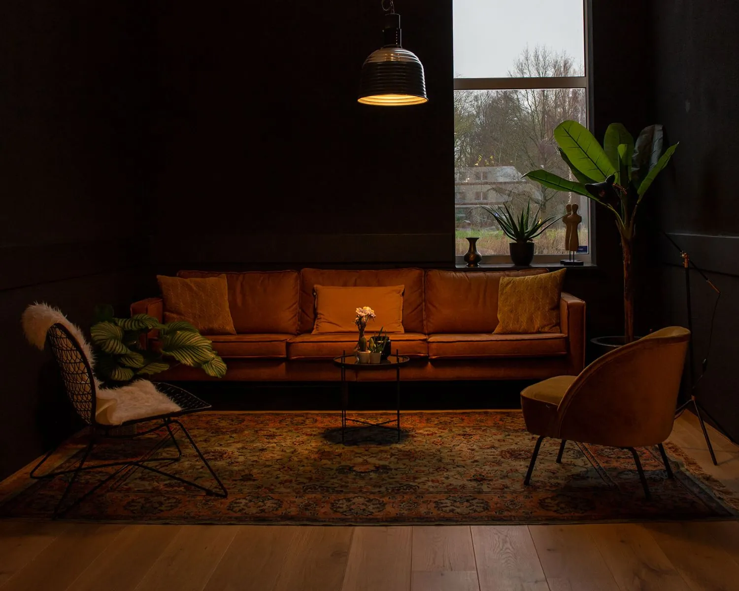 Sfeervol ingerichte zithoek in het Groningen Stadspark met een bruine bank, planten en warme verlichting.