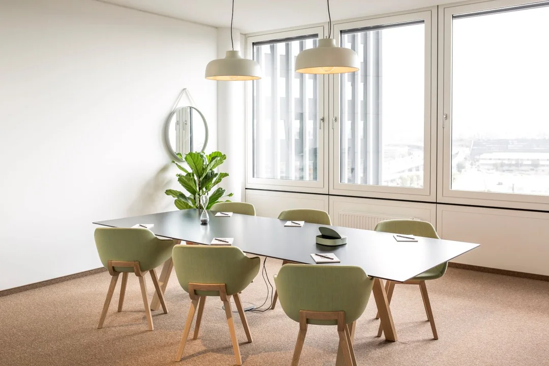 Moderne vergaderruimte met zes groene stoelen, een zwarte tafel, grote ramen en een plant bij Hoogstraat 1001.